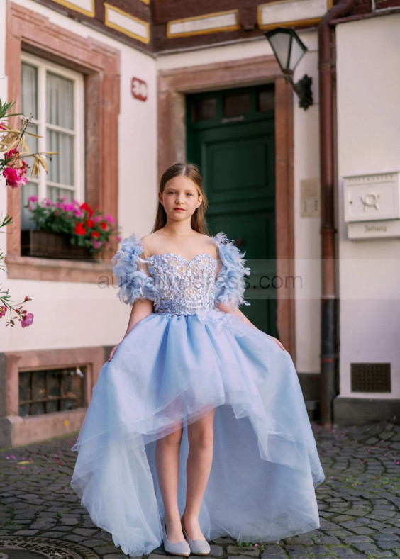 Feather Sleeves Light Blue High Low Flower Girl Dress